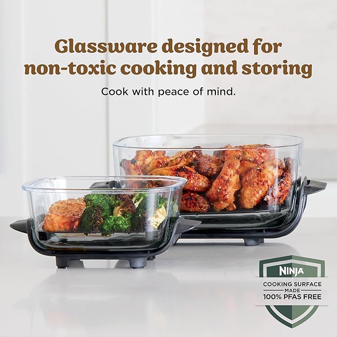 Ninja | Air Fryer | Crispi 4-in-1 Portable Cooking System | 4QT & 6 Cup Glass Containers, Crisper Plates & Storage Lids Included | Microwave, Freezer & Dishwasher Safe | Ginger Snap | FN101GD