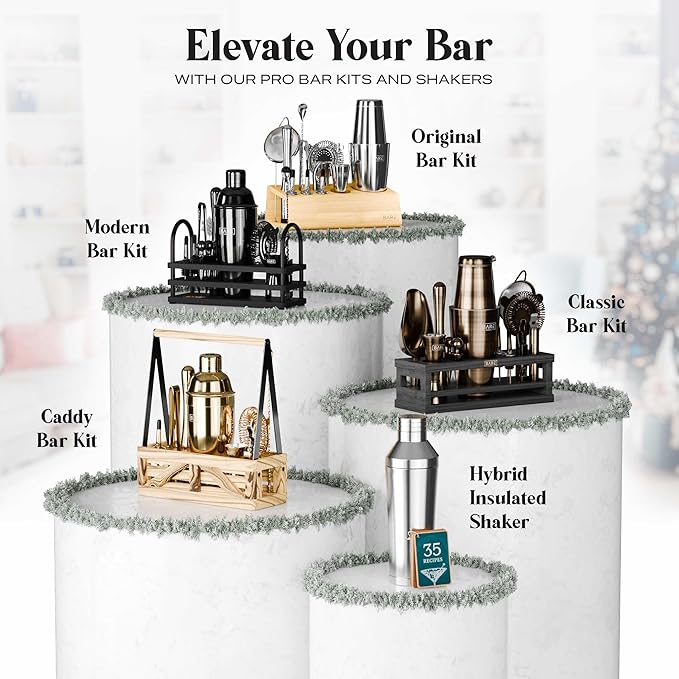 BARE BARREL® Mixology Bartender Kit Bar Set | 14-Piece Cocktail Shaker Set | Martini Barware Mixing Tools for Home Bartending | 35 Recipe Cards | Gift Set (24oz Cobbler Shaker, Silver/Natural)
