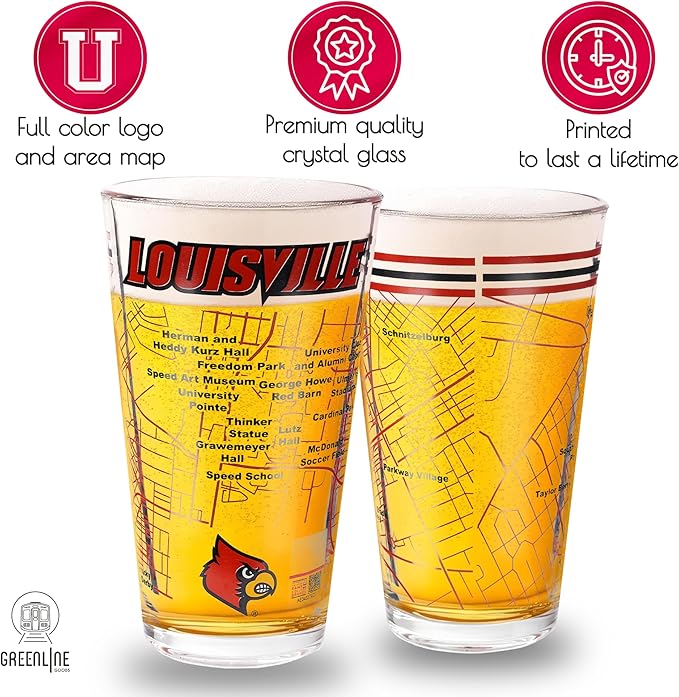 Greenline Goods – University of Louisville Cardinals College Pint Beer Glasses (Set of 2), 16 oz – Full-Color Logo + Campus Map
