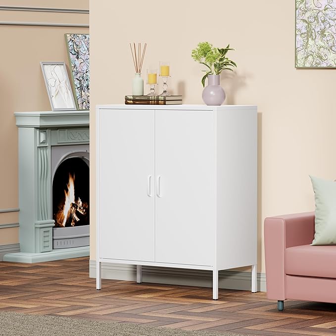 White Metal Storage Cabinet,Metal Locker Storage Cabinet with 2 Doors and Shelves,Kitchen Pantry Cabinet,Modern Storage Freestanding Organizer Rust for Home,Kitchen,Office