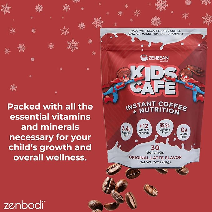 Zenbean Kids Cafe - Sugar Free Coffee & Nutrition, 99.9% Caffeine-Free, 12 Vitamins & Minerals (Calcium, Magnesium, Iron, & More), 3.4g Prebiotic Fiber, Original Latte Flavor, Makes 30 Servings