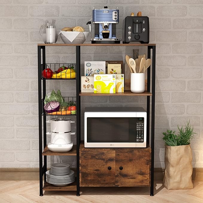 5-Tier Kitchen Bakers Rack,Microwave Oven Stand with Shelves,Utility Storage Shelf with Hutch,Free Standing Kitchen Rack Organizer