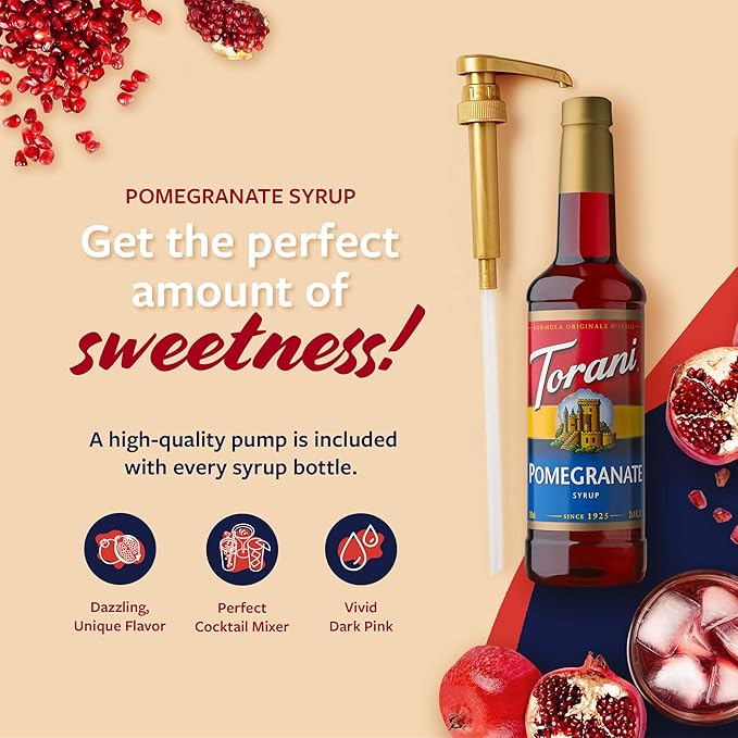 Torani Pomegranate Syrup for Drinks, Flavoring for Iced Tea, Lemonade, Sodas, and Cocktails, Pump Included, 25.4 Oz