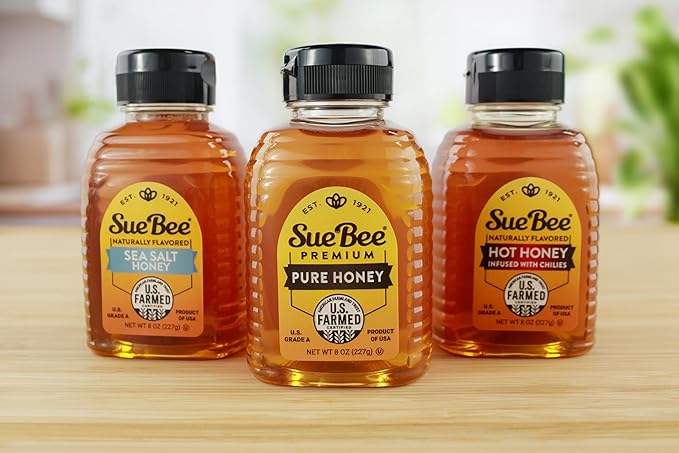 Sue Bee® Sweetness Sampler – 3 Pack Honey Gift Set | Original, Hot & Sea Salt | Pure U.S. Farmed™ Certified | Gourmet Gift Set for Foodies, Cooking, Tea, Charcuterie & Holiday Gifting 8 Oz (Pack of 3)