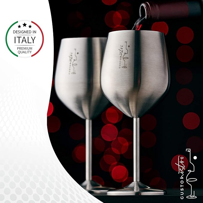 Gusto Nostro Stainless Steel Wine Glass - 18 oz - Cute, Unbreakable Wine Glasses for Travel, Camping and Pool - Fancy, Unique and Cool Portable Metal Wine Glass for Outdoor Events, Picnics (Set of 4)