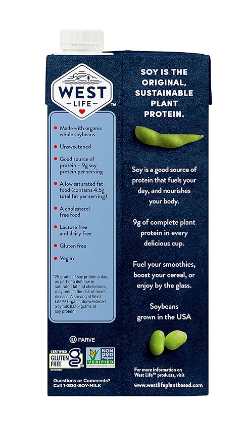 West Life Organic Soy Milk, Unsweetened Plain, Low Sugar, 9g of Protein, Vegan Dairy Alternative, Lactose-Free, Shelf Stable, 32oz (Pack of 12)