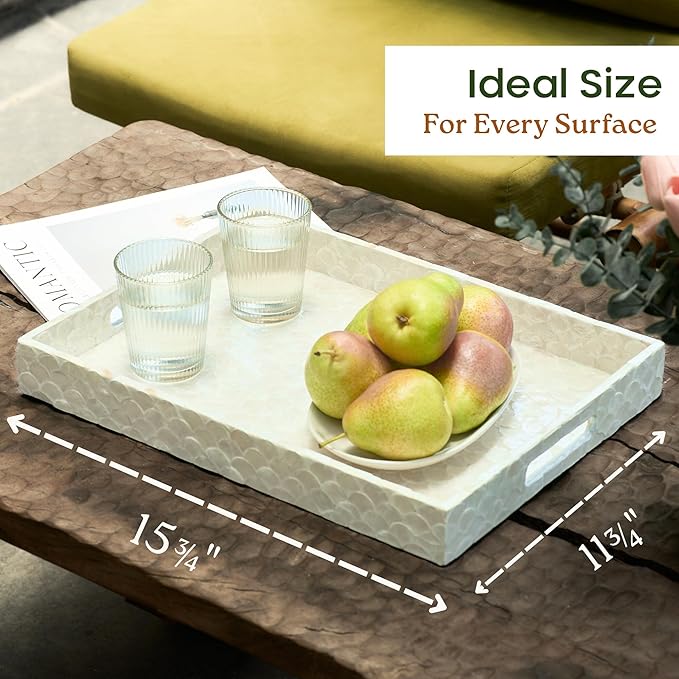 Rectangular Tray, Handmade Capiz Mother of Pearl Decorative Tray with Handles for Coffee Tables, Ottoman, Bathroom, Vanity or Kitchen, Coastal Boho Home Decor, White, 15.8” x 11.8” x 1.8"