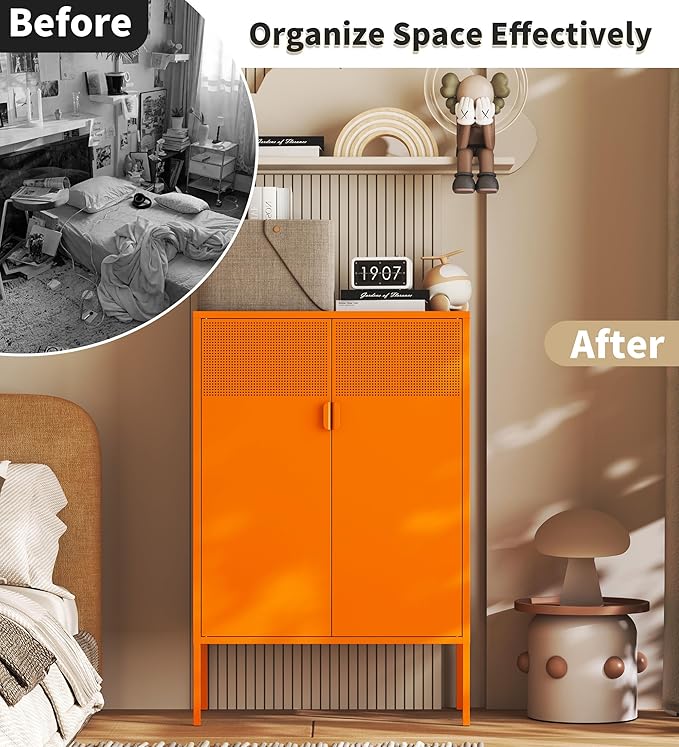 Orange Metal Storage Cabinet with 2 Doors - 47''H Locker Cabinet, 3 Tier Locker with Adjustable Shelves, Office Storage Locker for Office, Home, Living Room, Kitchen