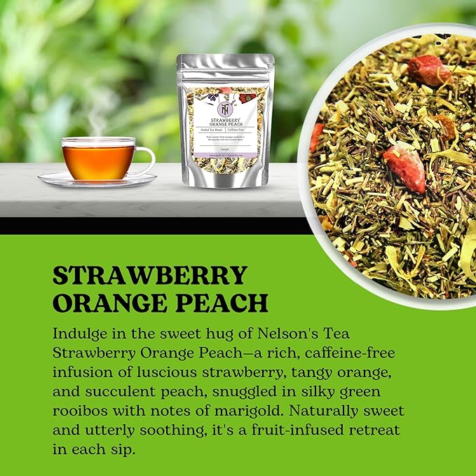 Nelson's Tea Strawberry Orange Peach - Caffeine Free Herbal Rooibos Loose Leaf Tea - Irresistable Blend of Green Rooibos, Orange Peel, Marigold and Strawberries - Fruit Loose Leaf (Sample 0.4 Oz)