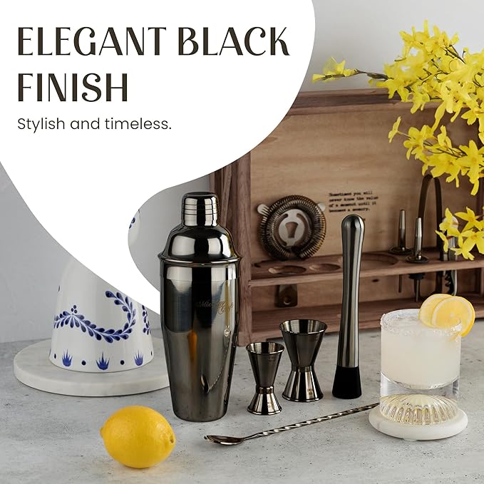 Mixology & Craft 11-Piece Cocktail Shaker Set, Bartender Kit with Stand, Stainless Steel Bar Tools, Dual Jiggers, Muddler & Pourers, Wood Display for Home Bar - Gift Ready (Gun-Metal Black)