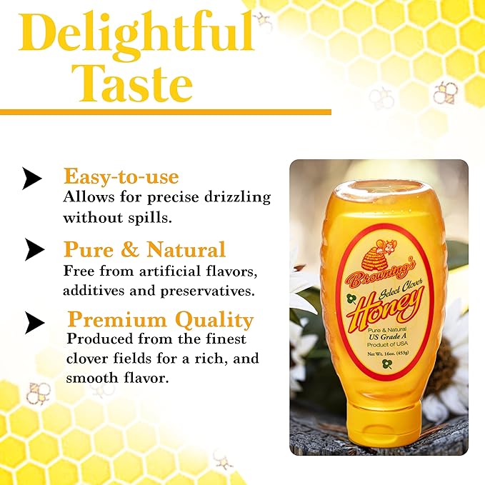 Browning's Honey Jug - Pure Raw Clover Honey, Natural Sweetener, Unfiltered and Unpasteurized, Perfect for Cooking, Baking, and Beverages (16 oz Squeeze Bottle)