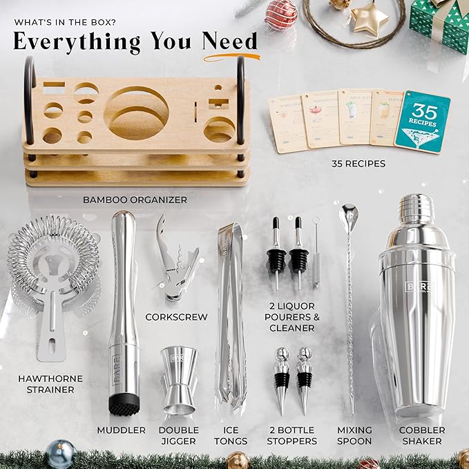 BARE BARREL® Mixology Bartender Kit Bar Set | 14-Piece Cocktail Shaker Set | Martini Barware Mixing Tools for Home Bartending | 35 Recipe Cards | Gift Set (24oz Cobbler Shaker, Silver/Natural)