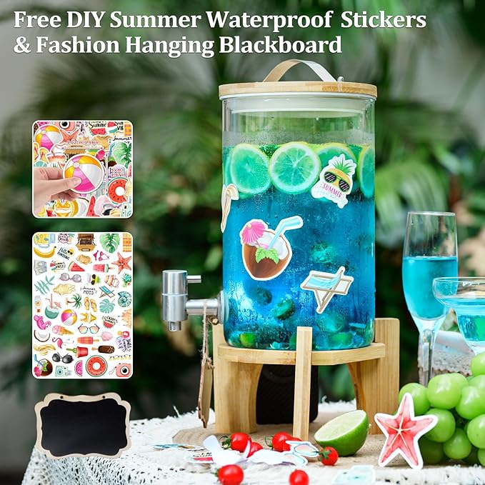 1.2 Gallon Large Glass Drink Dispenser For Parties, Beverage Dispenser with Bamboo Wood Stand and Stainless Steel Spigot, Juice, Lemonade, Water jug dispenser, Laundry Detergent Dispenser (2 PACK)