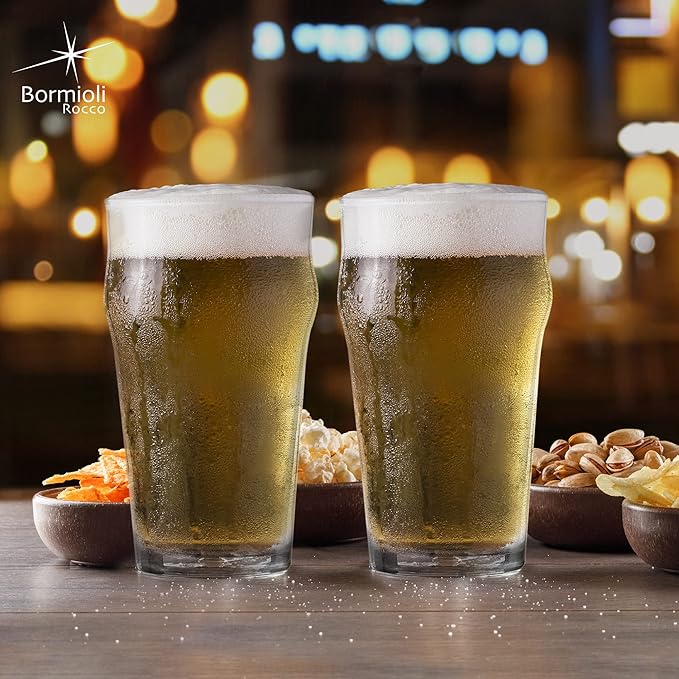 Bormioli Rocco Nonix Set Of 4 20 Oz Pint Glasses | British Pub Style Beer Glasses | Easy Stacking in The Cupboard | Premium Craft Beer Glasses Made In Spain