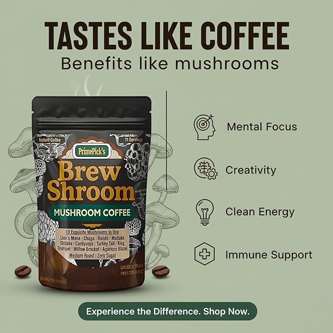 PrimePick's Brewshroom 10 in 1 Mushroom Coffee with 2000mg Adaptogenic Mushrooms, Instant, Arabica Medium Roast, Gluten-Free, Jitter-Free, No Added Sugar, Supports Gut Health & Immunity - 5 oz