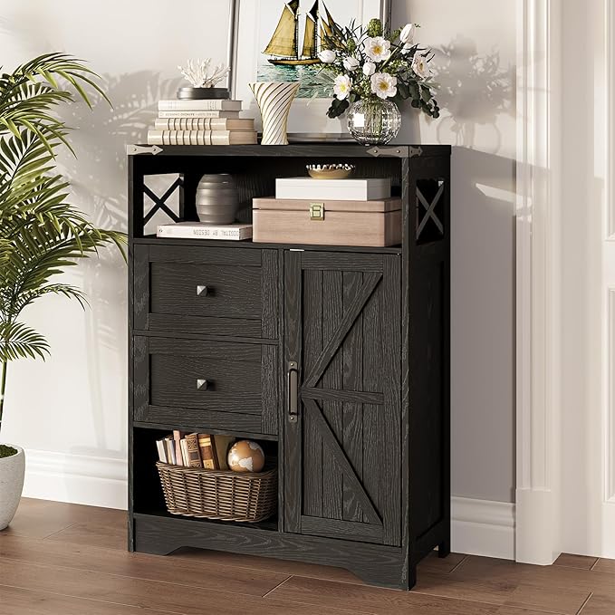 Fameill Farmhouse Storage Cabinet with 2 Drawers & Shelves,Freestanding Kitchen Cabinet with Doors,Floor Storage Organization for Living Room,Bathroom,Laundry,Black