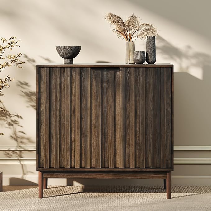 Fluted Cabinet with Storage, Buffet Cabinet Sideborad with 2 Doors, Brown Buffet Storage Accent Cabinets with Adjustable Shelves for Living Room, Entry, Hallway, Kitchen