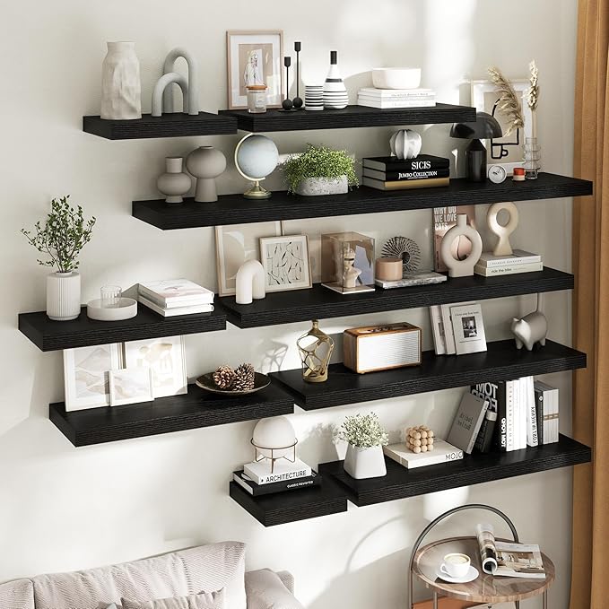 24 Inch Floating Shelves for Wall Set of 2, 12"D Wood Grain Bathroom Shelves with Invisible Brackets, Easy Install Engineered Wood Storage Shelves for Kitchen, Living Room, Bedroom, Black Finish
