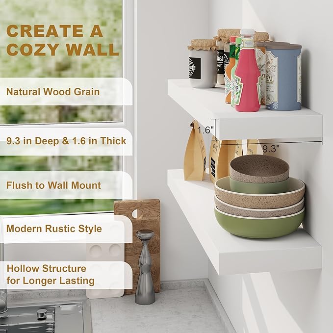 Fun Memories Floating Shelves, 9.3 Inch Deep Solid Pine Wood Wall Shelves for Storage, Rustic Wall Mounted Display Shelf with Invisible Heavy-Duty Metal Bracket, 55 Inch Width, White