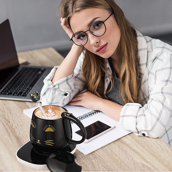 Cat Coffee Cup Coffee Warmer with Mug for Women Electric Mug Heater Temperature Control Ceramic Cute Cat Warmer for Office Christmas Birthday Gift(Black)