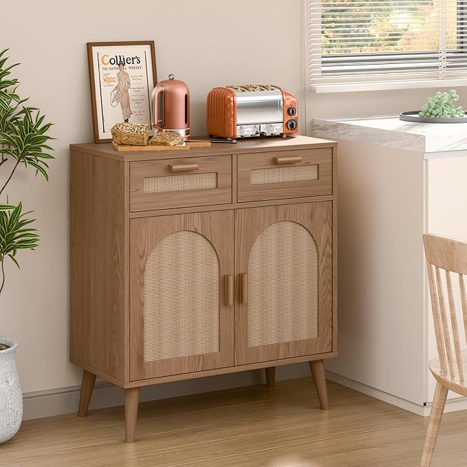 Vabches Kitchen Storage Cabinet with Barn Door, Rattan Sideboard Buffet with Storage Drawers, Rattan Kitchen Cabinet with Drawers for Dining Room, Living Room, EntryWay