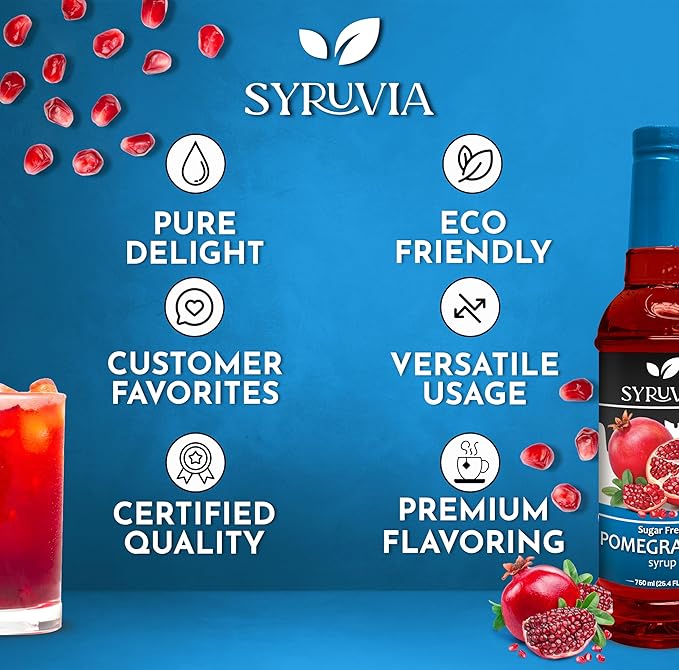 Syruvia Sugar-Free Pomegranate Syrup, Flavored Syrup for Drinks, Cocktails, Lemonades, Iced Teas, and Desserts – 25.4 fl oz, With Pump
