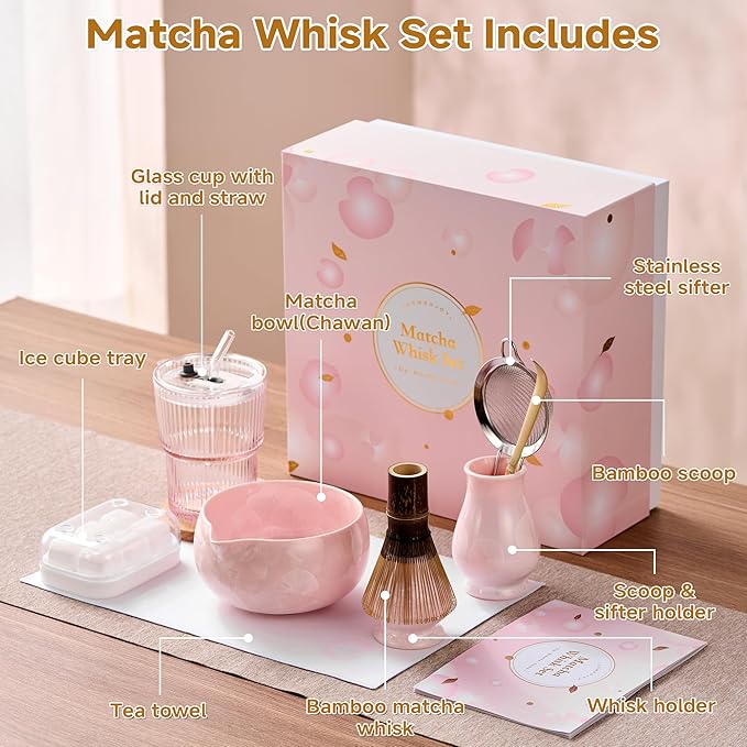 Matcha Whisk Set – Crystalline Glaze Bowl, Bamboo Whisk & Holder, Scoop & Sifter with Holder, Cup with Lid & Straw, Ice Cube Tray & Tea Towel – Pink Matcha Gift Set for Women, Christmas Gifts