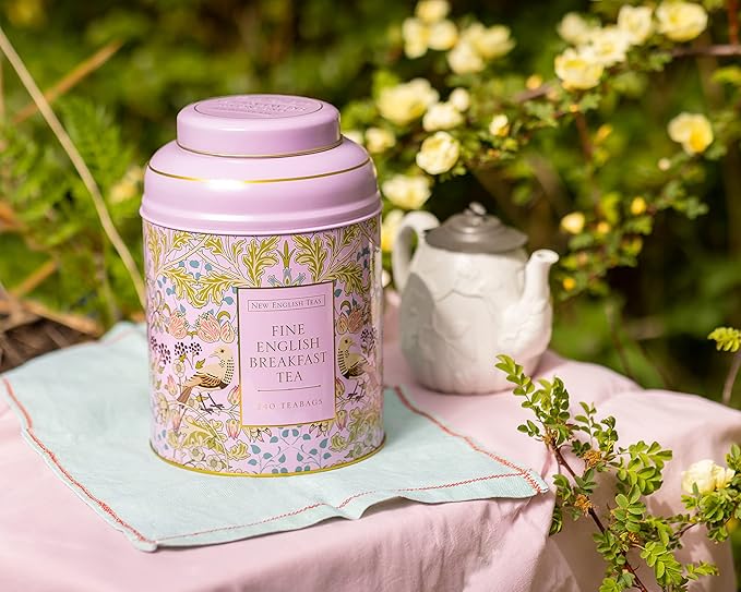 New English Teas Song Thrush & Berries Tea Caddy in Pink with 240 English Breakfast Teabags