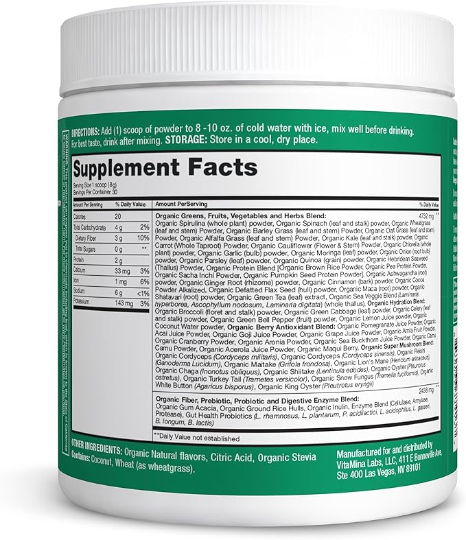 Zena Nutrition Organic Super Greens Powder, 70+ Superfoods, 0 Sugar, 3G Fiber, Spirulina, Chlorella, Mushrooms, Prebiotics/Probiotics, Digestive Enzymes for Gut Health, Mango, 30 Servings