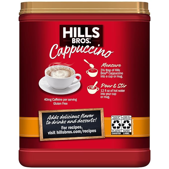 Hills Bros. Cappuccino Mix – Rich, Frothy Coffeehouse-Tasting Instant Drink Mix – Quick and Easy Preparation – Perfect for Hot & Iced Drinks & Creaming Coffee – White Chocolate Caramel, 1 Pack of 16oz
