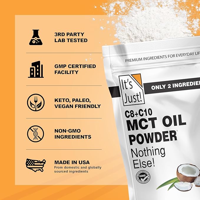It's Just - MCT Oil Powder w/Prebiotic Fiber (1.5lbs) 70% C8 + 30% C10, Fast Fuel for Body & Brain Health, Keto Coffee Creamer, Non-GMO, Heavy Metal Tested