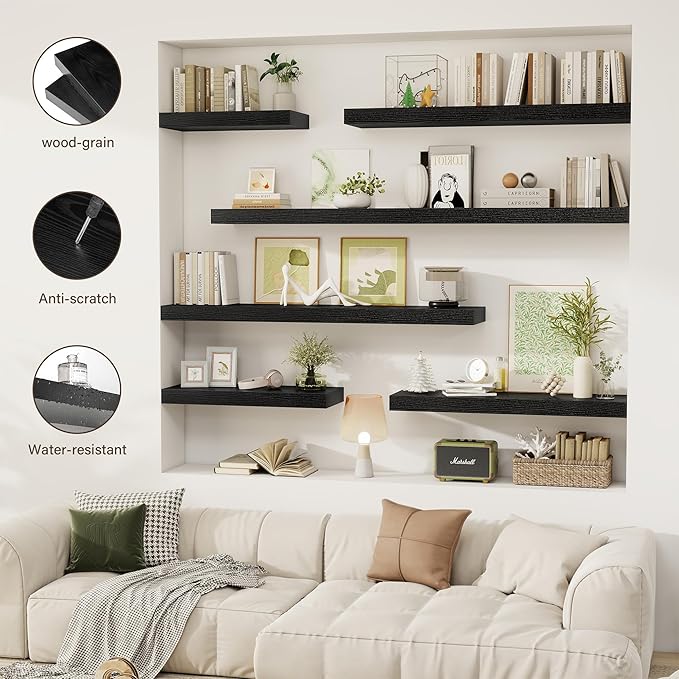 40 Inch Floating Shelves, 12" Deep Floating Shelf Wall Mounted, 40" Wall Shelves, Rustic Deep Bookshelf, Extra Deeper & Thicker Display Shelves for Bedroom, Living Room, Black, Set of 2
