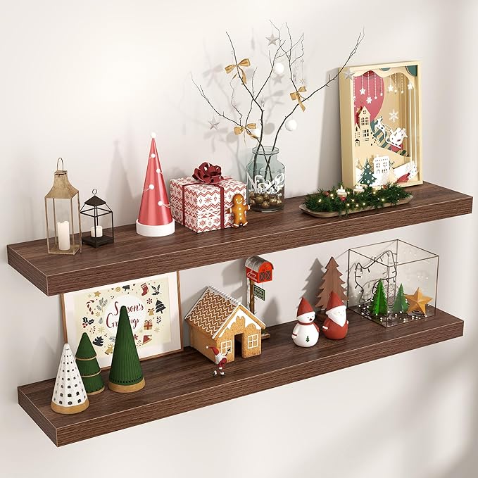 Floating Shelves for Wall, Engineered Wood Wall Shelves with Invisible Brackets for Living Room Bedroom Bathroom Office Kitchen Decor and Storage (Walnut, 48" W x 9" D x 1.5" H) Set of 2