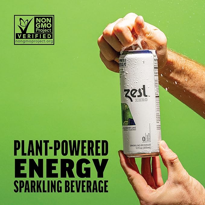 Zest Clean Energy Drink – Blackberry Lime – Zero Sugar, 0 Calories – 120mg Caffeine + 100mg L-Theanine for Focus, Energy & Concentration – Healthy Zero Sugar Energy Drink – 12oz Can, 12 Pack