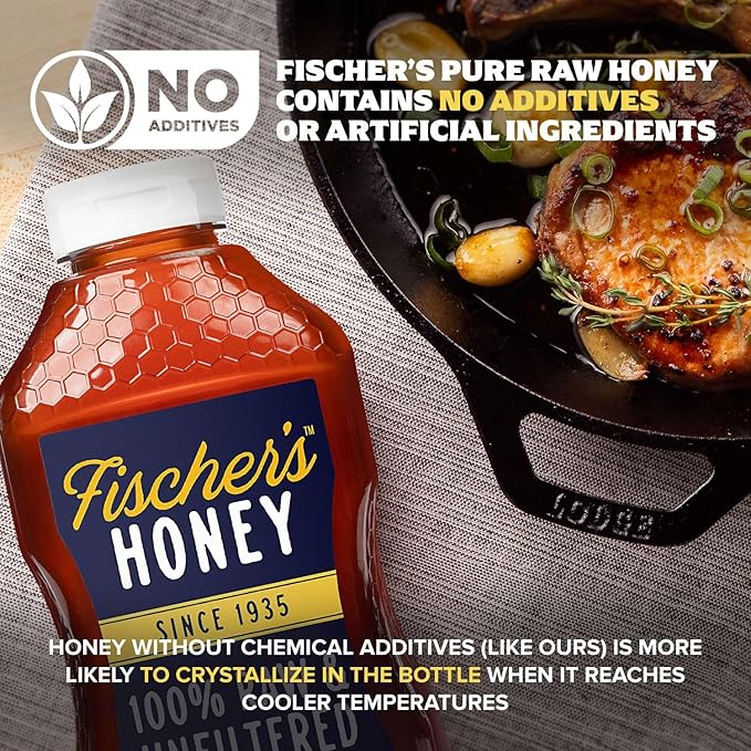 Fischer's 100% Pure, Raw & Unfiltered Honey, 24 oz – All-Natural Sweetener – Rich Flavor Profile, Packed with Nutrients