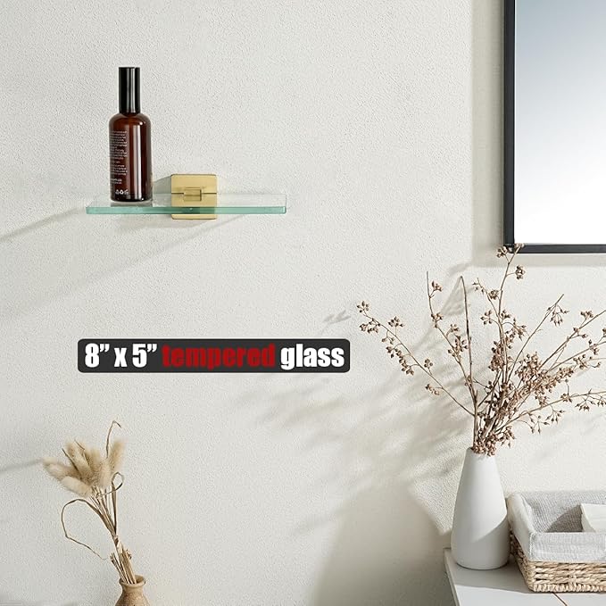 JQK Bathroom Glass Shelf Gold, Tempered Glass Shower Storage 8 by 5 inches, 304 Stainless Steel Brushed Gold Wall Mount, TGS201L8-BG