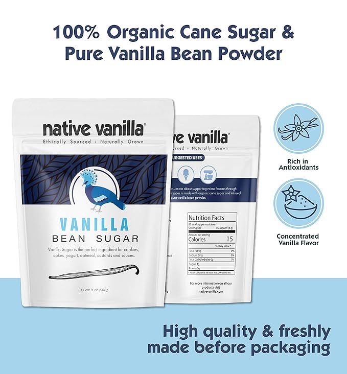 Organic Vanilla Bean Sugar – Native Vanilla – Made from Premium Vanilla Bean Pods – For Chefs and Home Cooking, Baking, and Dessert Making – Made with Real Vanilla Beans - 12 Oz