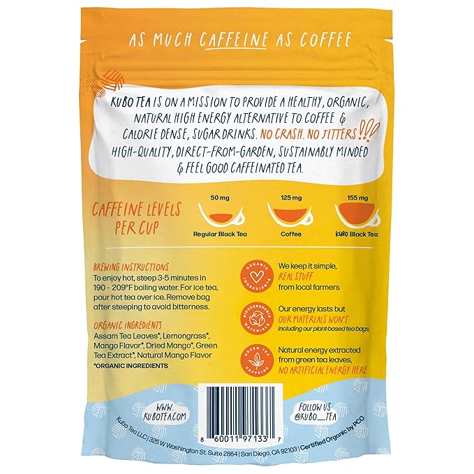 High Caffeine Tea (155 mg) – Kubo Tea: Organic Lemon Mango Black Tea Bags for Clean Energy & Focus | Healthy Coffee Substitute | Fruity Caffeine Blend | 20 Ct | Compostable Packaging