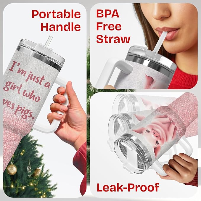34HD Just A Girl Who Loves Pigs Tumbler with Handle and Straw, 40oz Vacuum Insulated Pig Cup, Pigs Gifts for Women Birthday Mothers Day Christmas, Farm Animal Gifts, Pink Pig Gift Ideas