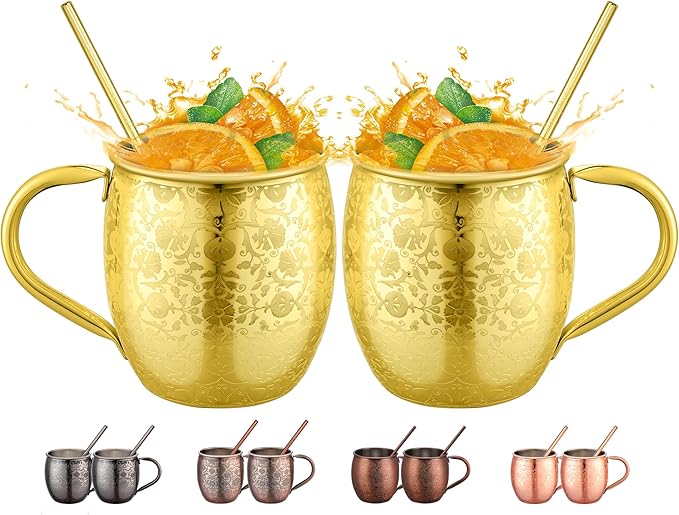 Moscow Mule MugsSet of 2-18 Oz Copper-Plated Fine Craftsmanship Etched Mugs,304 Stainless Steel-Lined Mule Cups,For Cold Drinks, Beer, Wine, Bars, Parties