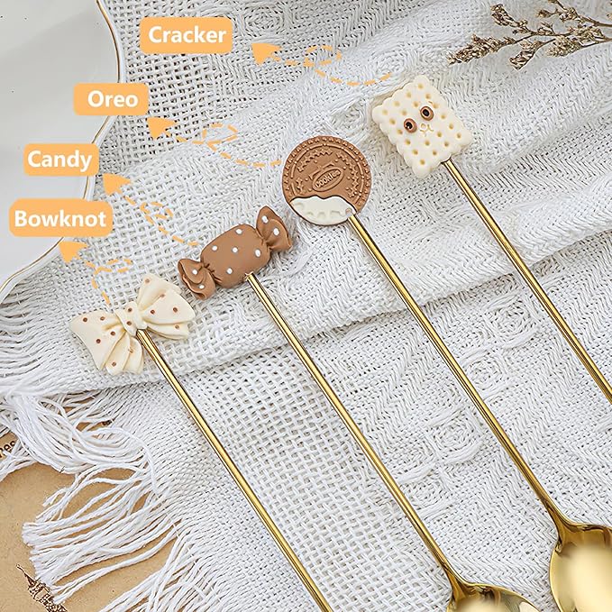 4-Piece Cute Cookie Gold Long Handle Coffee Spoons- 5.5" Teaspoons Stainless Steel Scoops for Coffee & Tea & Dessert Spoon, Perfect for Coffee Stirrers Small Tableware(Gift Packing#B)