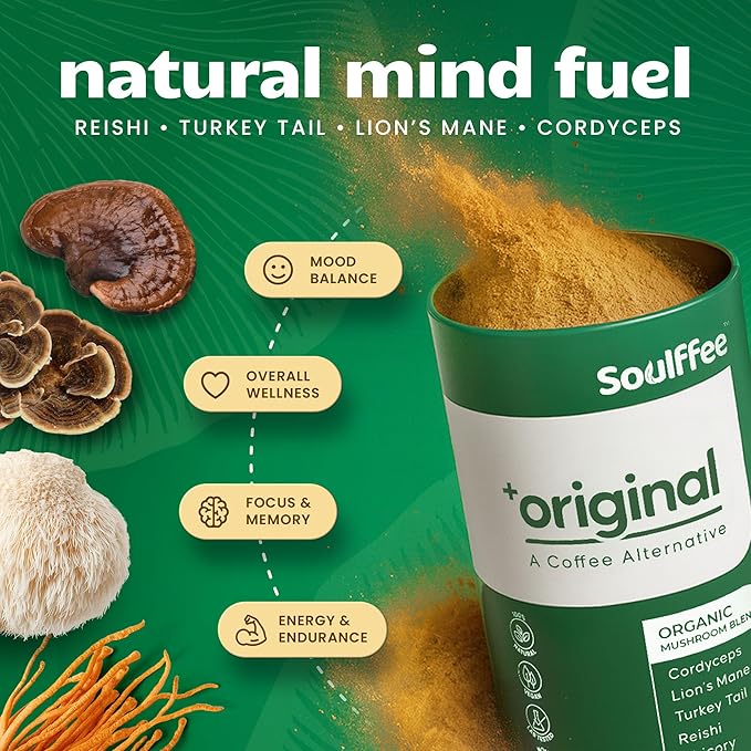 Mushroom Coffee Alternative with Lion’s Mane, Reishi, Chaga, Cordyceps & Turkey Tail, Natural Energy & Focus Drink with 2,200 mg Functional Mushrooms, Vegan Barley & Chicory Blend, Coffee-Like Experience