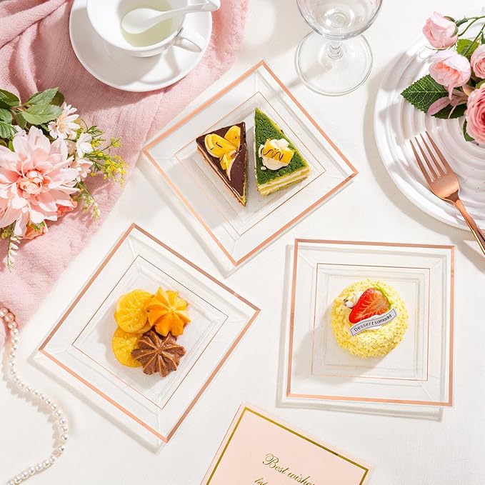 bUCLA 100 Pieces Clear Rose Gold Square Plastic Plates - 6 Inch Clear Plastic Dessert/Cake Plates with Rose Gold Trim Disposable - Ideal for Party, Wedding, Mother's Day & Valentine's Day