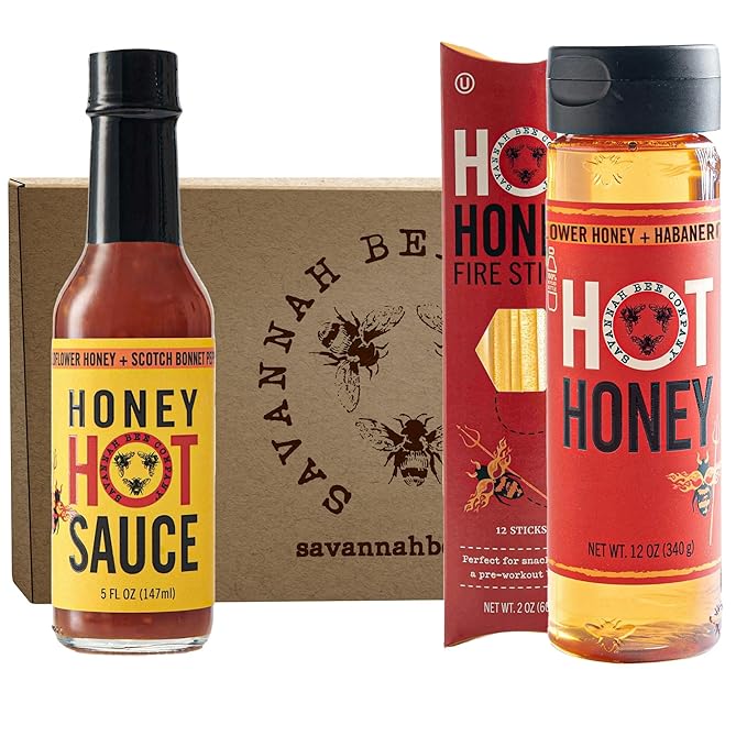 Savannah Bee Company Hot Honey Box Gift Set - Award-Winning Honey Collection - Includes Hot Honey, Sauce, and Fire Sticks - Perfect Gourmet Gift for Spice Lovers