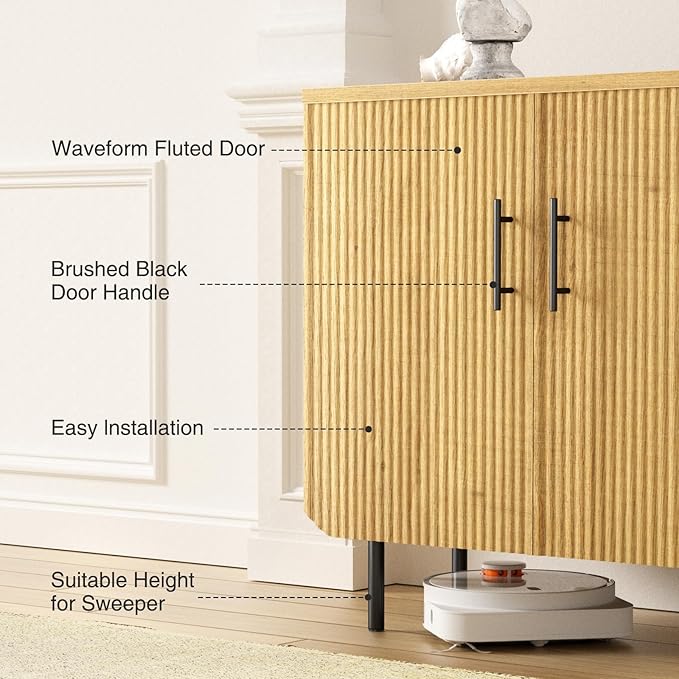 Vabches Fluted Natural Storage Cabinet, 2 Doors Modern Sideboard Buffet Cabinet with Adjustable Shelves and Metal Leg, Accent Cabinet for Living Room, Dining Room, Entryway (Natural & Black)