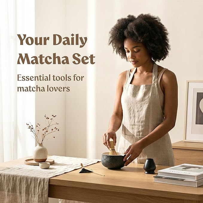 Matcha Kit Whisk Set (7 Pcs) - Complete Matcha Set, Matcha Bowl with with Bowl, Whisk and Holder, Bamboo Spoon/Scoop, Scoop Rester and Sifter incl. Booklet