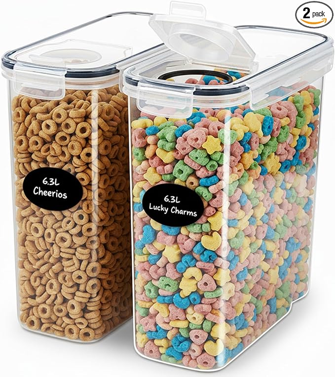 DWËLLZA KITCHEN EXTRA LARGE Cereal Containers Storage (6.3L / 213OZ) Set of 2 Family Size Bulk Cereal Dispenser Countertop, Airtight Food Storage Containers for Pantry Organization, Labels & Marker