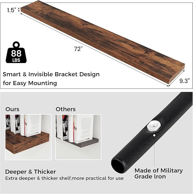 Floating Shelves for Wall, Engineered Wood Wall Shelves with Invisible Brackets for Living Room Bedroom Bathroom Office Kitchen Decor and Storage (Brown, 72" W x 9" D x 1.5" H) Set of 1