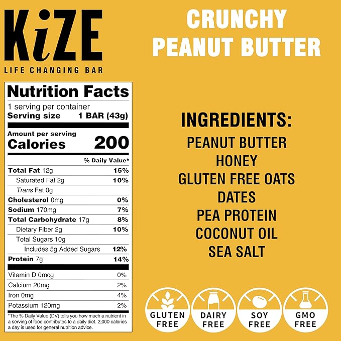 KiZE Energy Bars - Crunchy Peanut Butter - 20-Count - Gluten Free, Dairy Free, Non-GMO, and High Protein Meal Replacement Energy Bars, Clean and Simple Food Ingredients - 7g High Protein Snacks (20 Count)