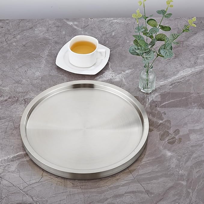 Stainless Steel Round Bar Serving Tray 12.5",Double Wall,Ideal Coffee Table, Decorative,Rotisserie Plate, Tea and Bar Serving,Silver
